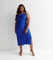 New Look Curves Bright Blue Satin Jacquard Midi Slip Dress